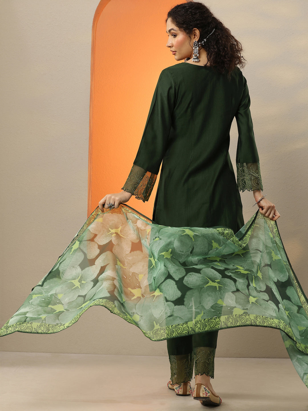 Green Yoke Design Silk Blend Straight Suit With Dupatta