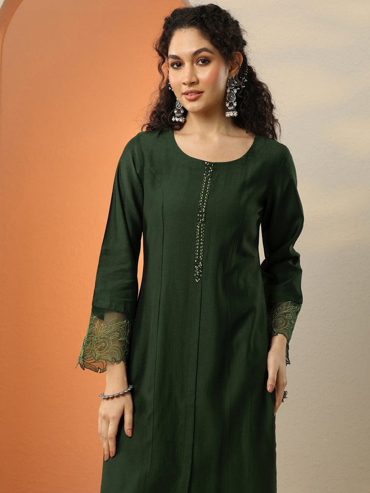 Green Yoke Design Silk Blend Straight Suit With Dupatta