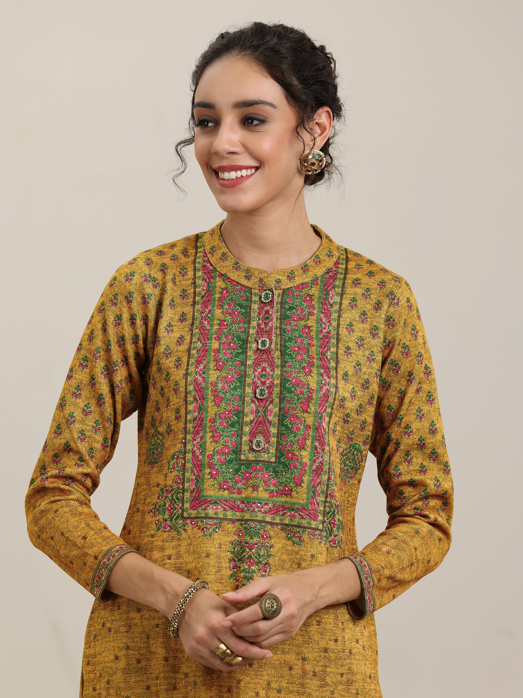 Mustard Printed Wool Blend Straight Suit With Dupatta