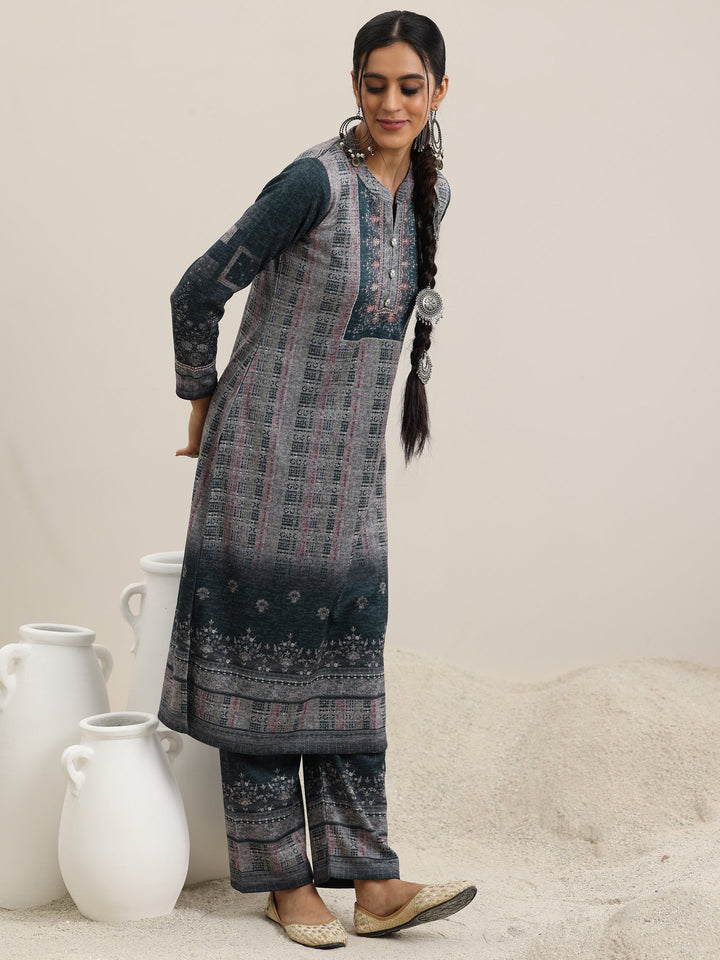 Grey Printed Wool Blend Straight Suit With Dupatta
