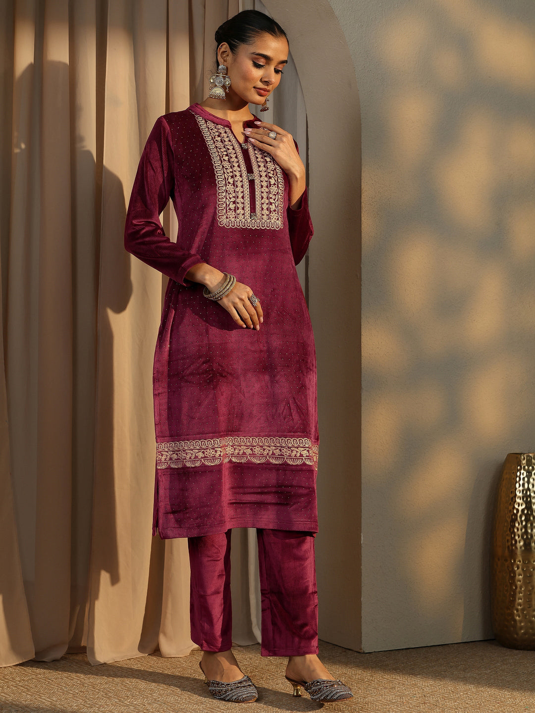 Maroon Embroidered Velvet Straight Suit Set With Dupatta