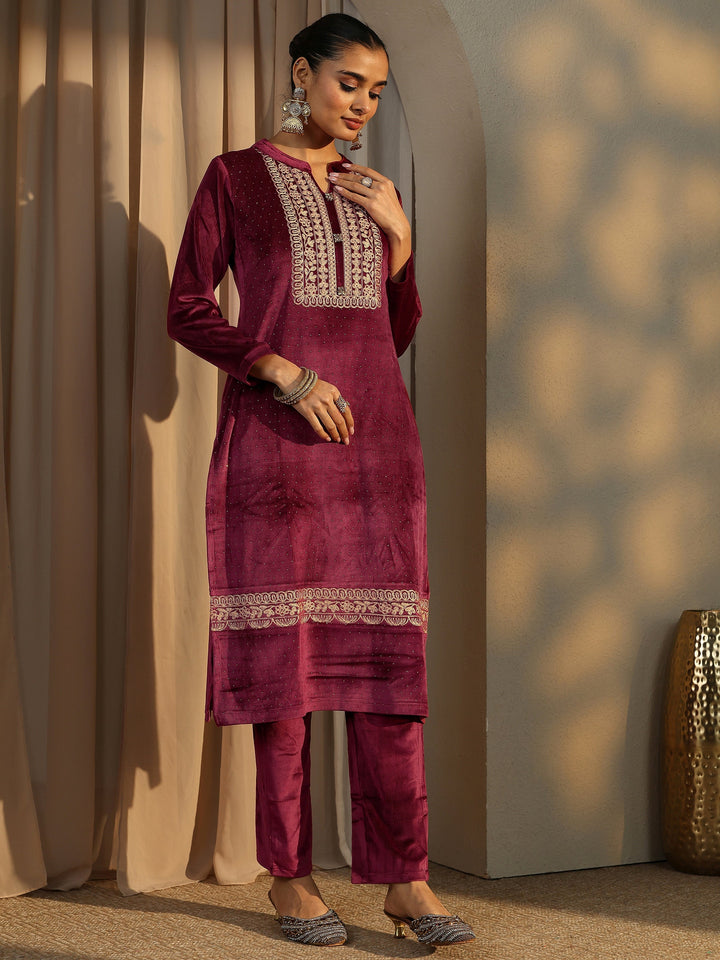 Maroon Embroidered Velvet Straight Suit Set With Dupatta