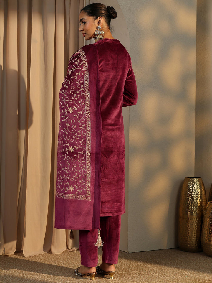 Maroon Embroidered Velvet Straight Suit Set With Dupatta