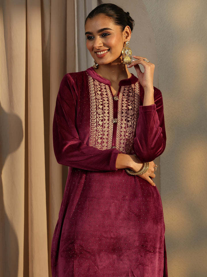 Maroon Embroidered Velvet Straight Suit Set With Dupatta