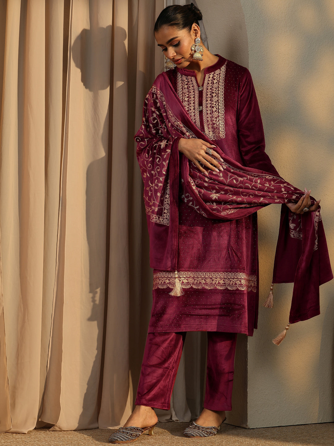 Maroon Embroidered Velvet Straight Suit Set With Dupatta