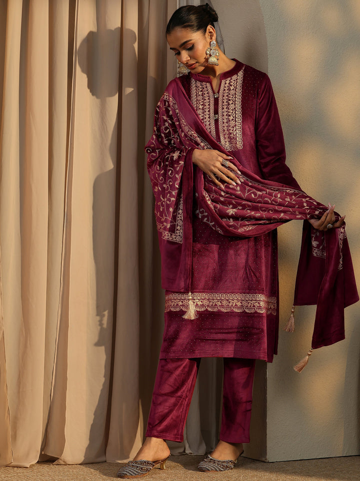 Maroon Embroidered Velvet Straight Suit Set With Dupatta