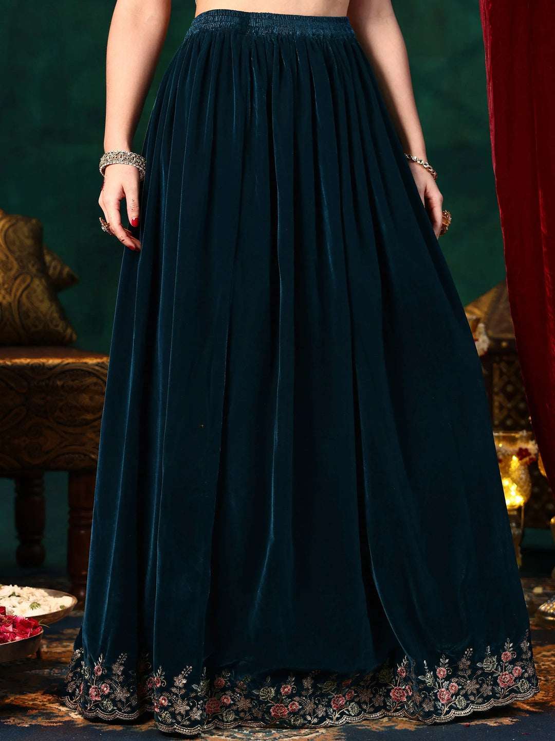 Teal Blue Embroidered Velvet Straight Suit With Dupatta
