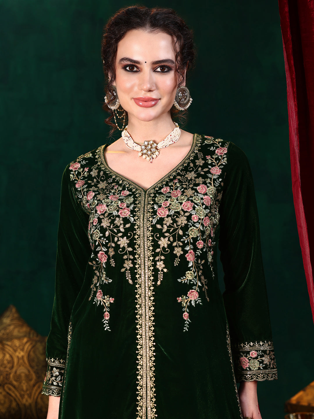 Green Embroidered Velvet Straight Suit With Dupatta