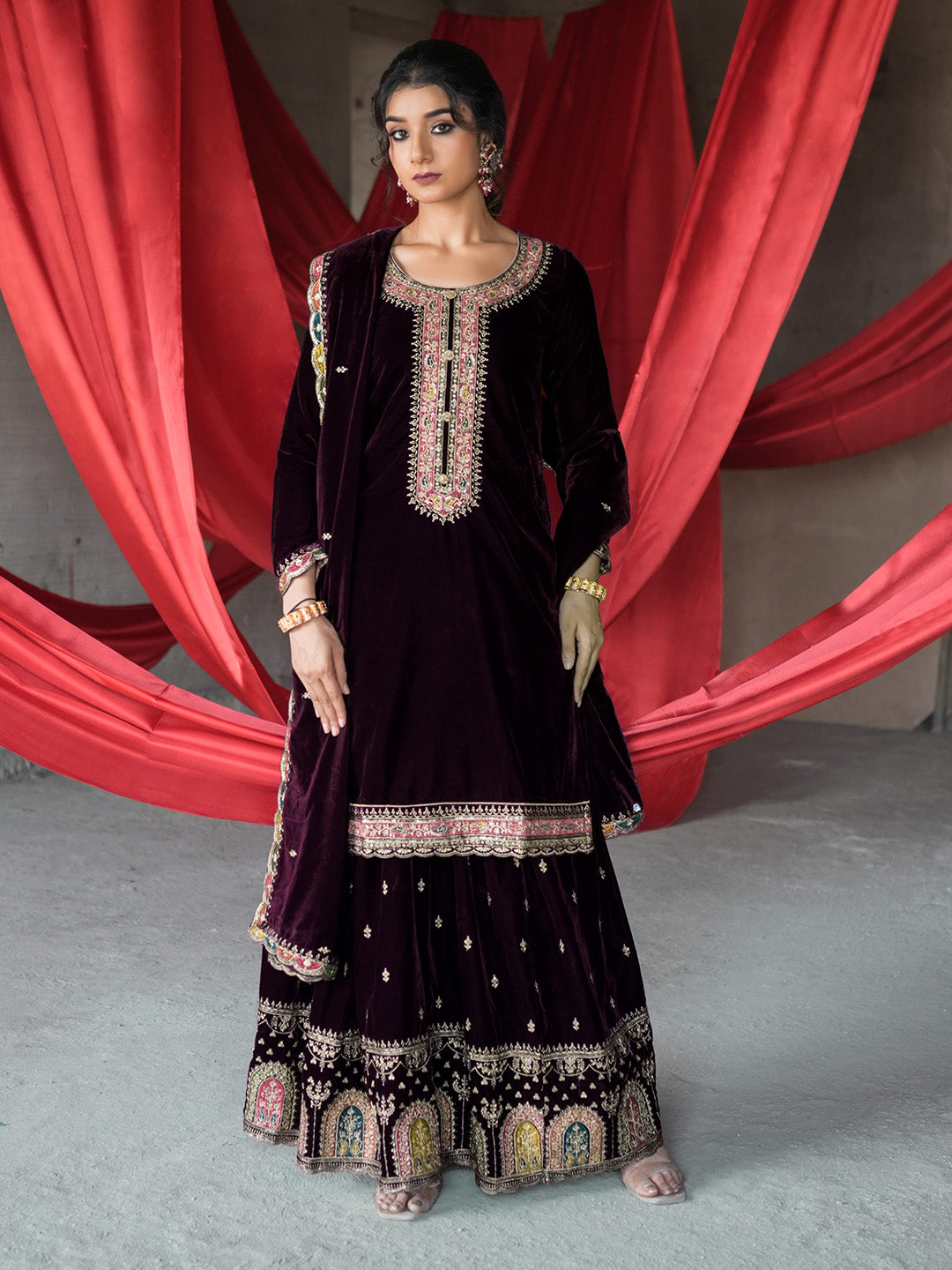 Burgundy Embroidered Velvet Straight Suit With Dupatta