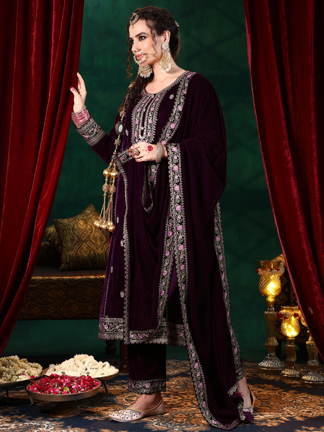 Burgundy Embroidered Velvet Straight Suit With Dupatta