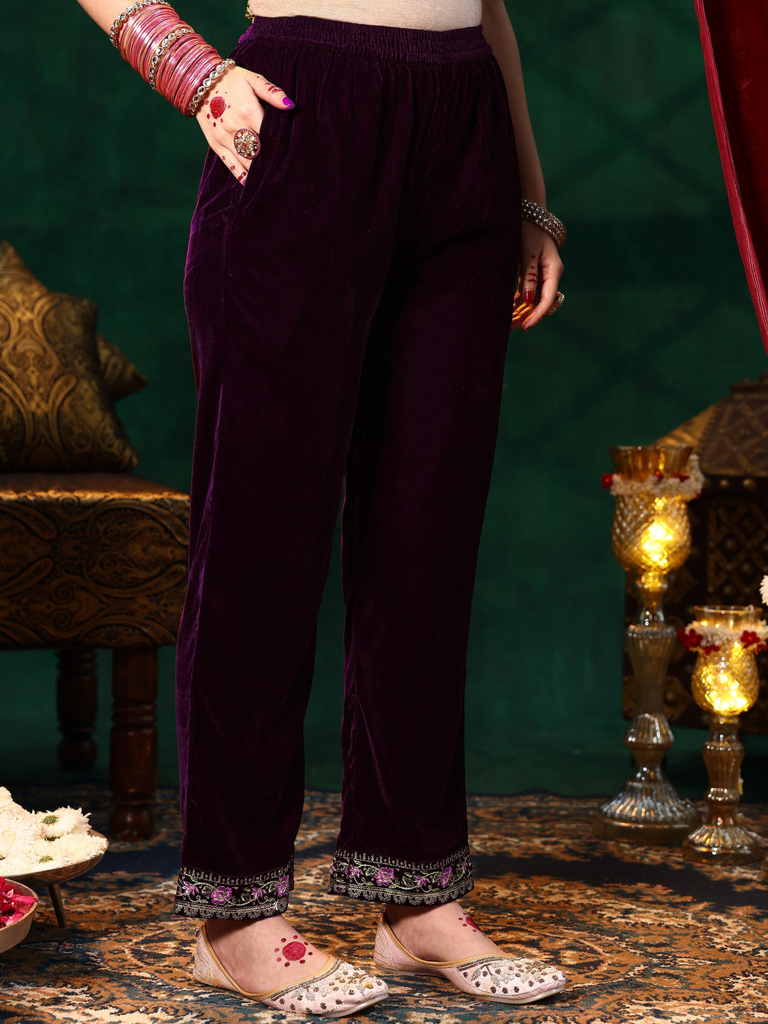Burgundy Embroidered Velvet Straight Suit With Dupatta