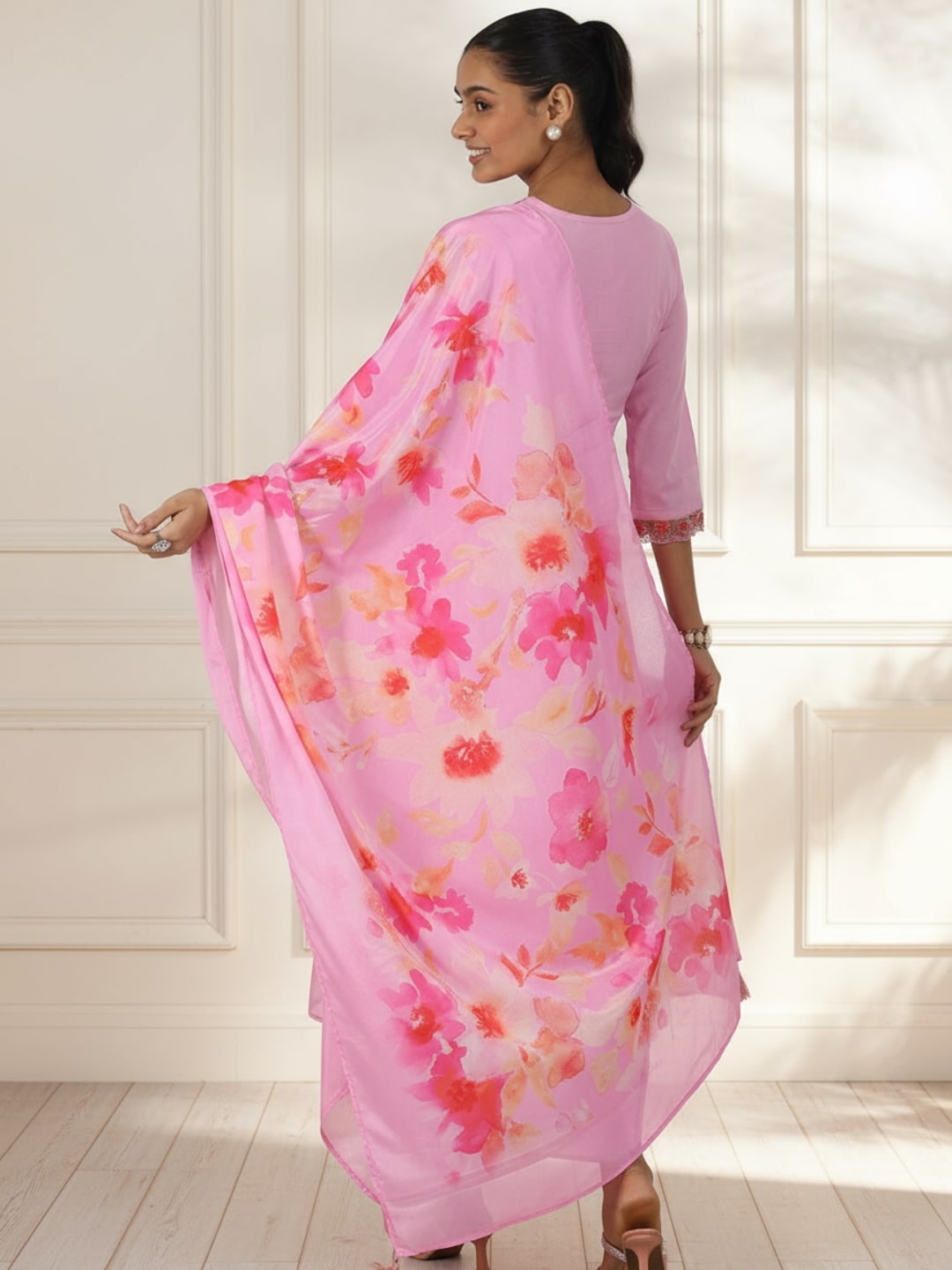 Pink Embroidered Cotton Straight Suit With Dupatta