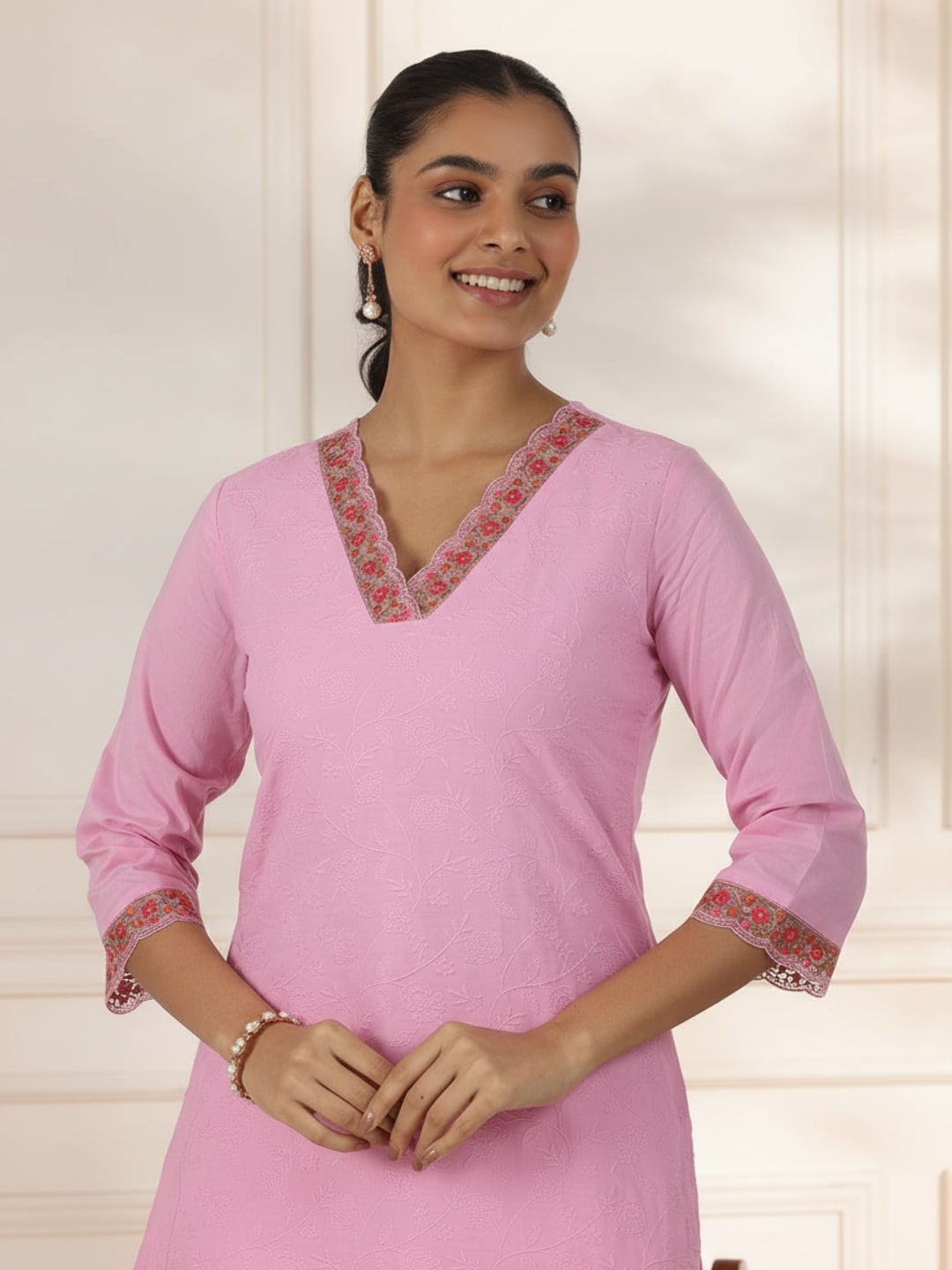 Pink Embroidered Cotton Straight Suit With Dupatta