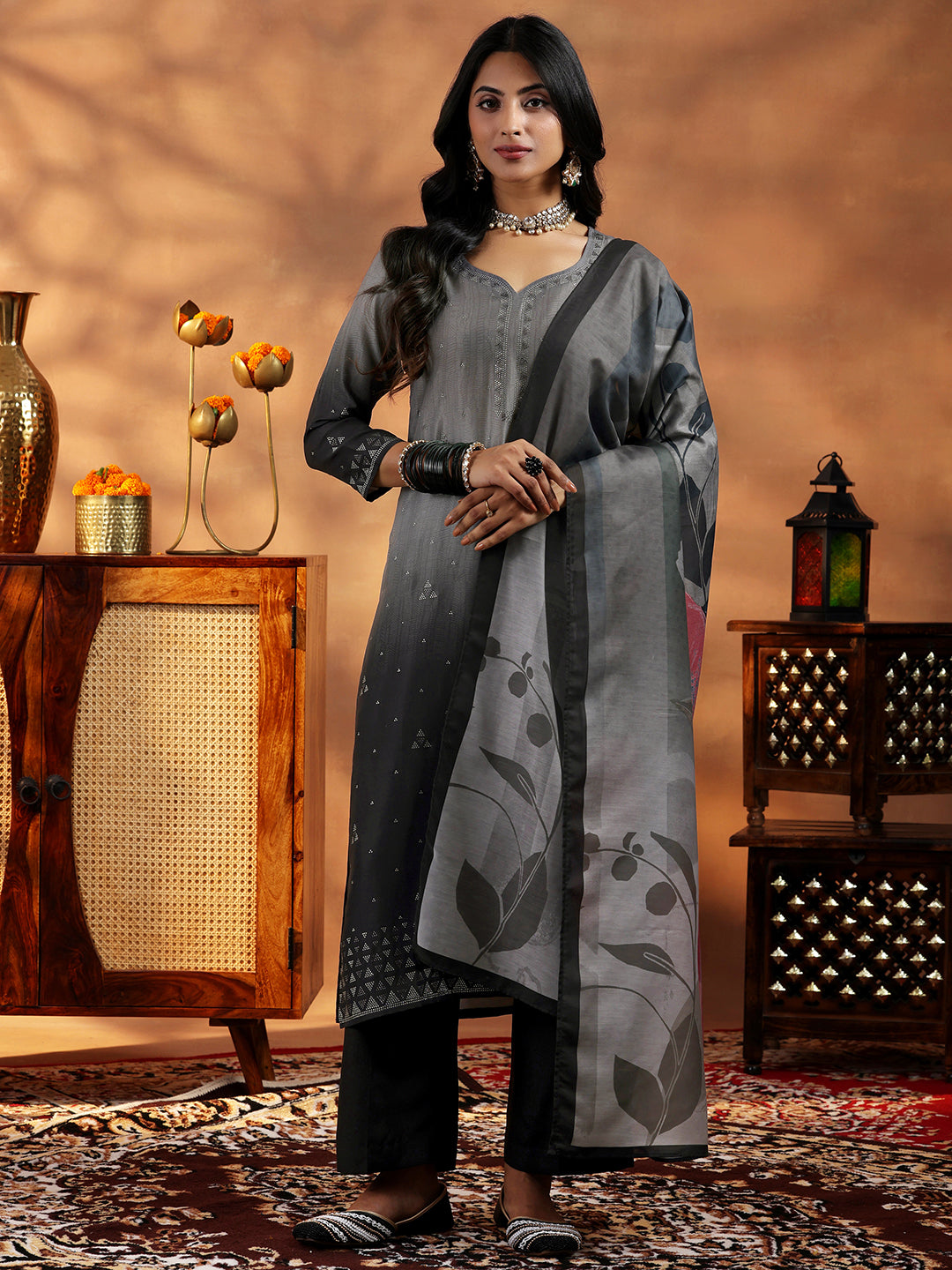 Grey Self Design Muslin Straight Suit With Dupatta