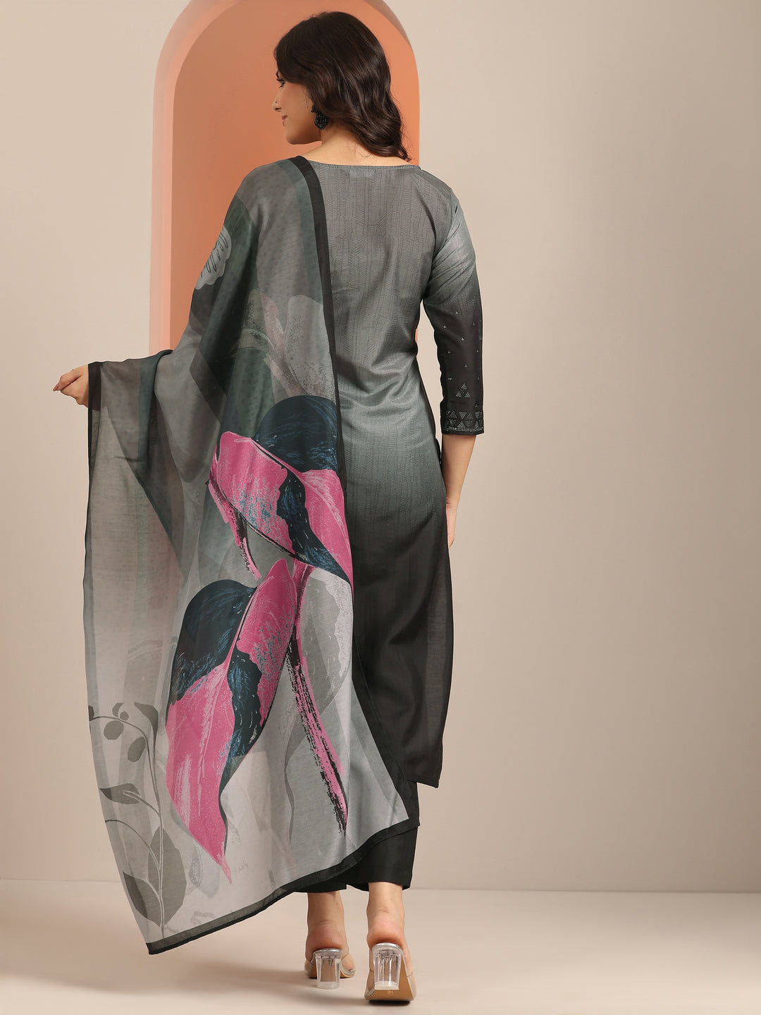 Grey Self Design Muslin Straight Suit With Dupatta