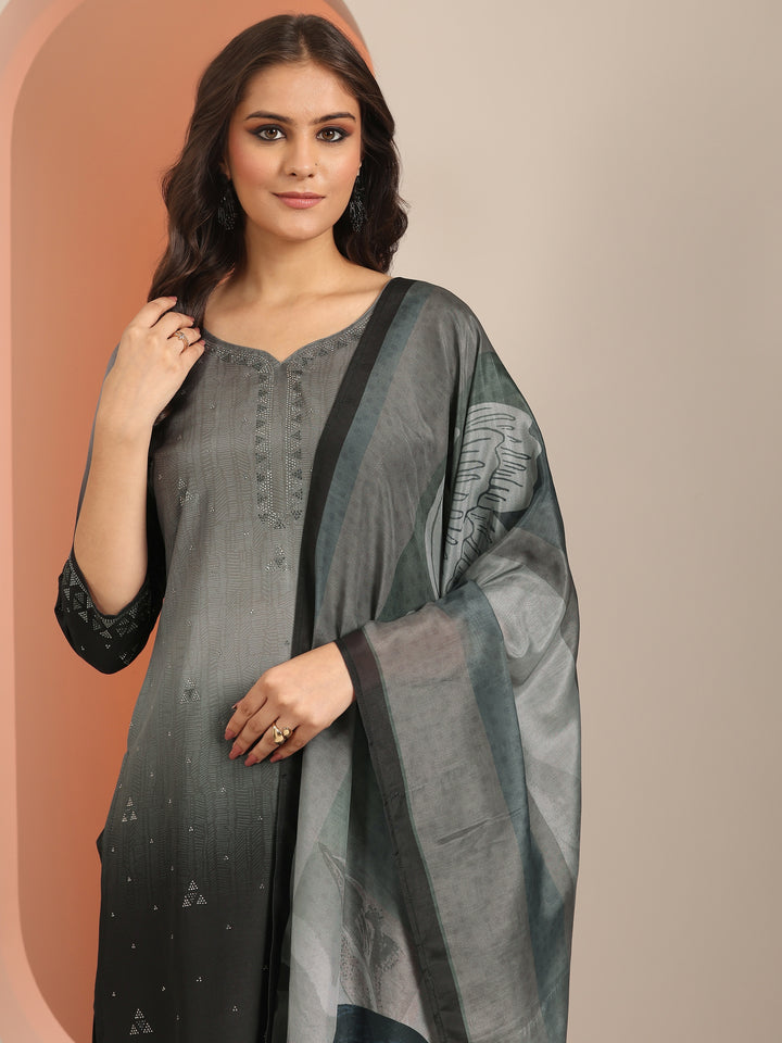Grey Self Design Muslin Straight Suit With Dupatta