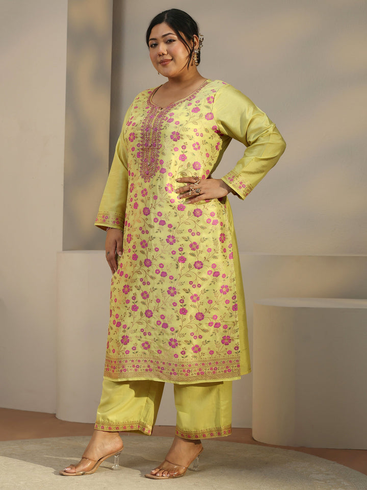 Plus Size Green Woven Design Silk Blend Straight Suit With Dupatta