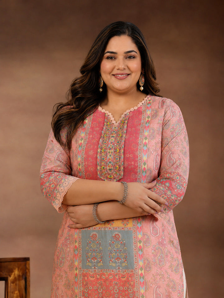 Plus Size Peach Printed Cotton Blend Straight Suit With Dupatta