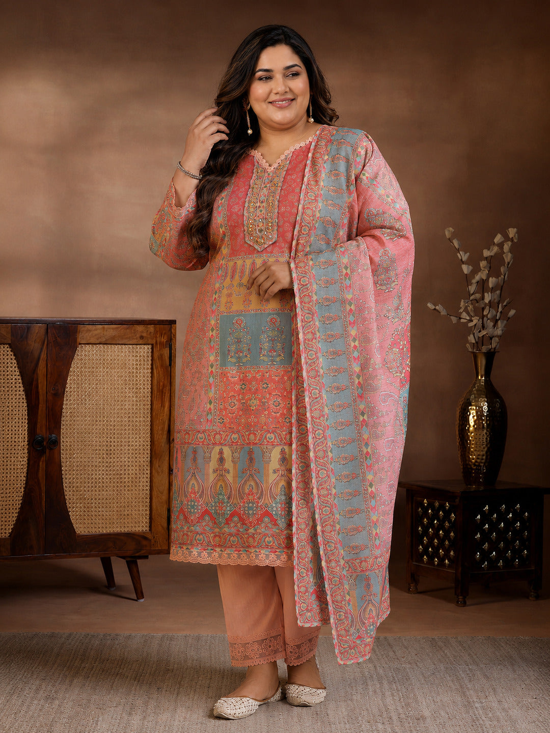 Plus Size Peach Printed Cotton Blend Straight Suit With Dupatta