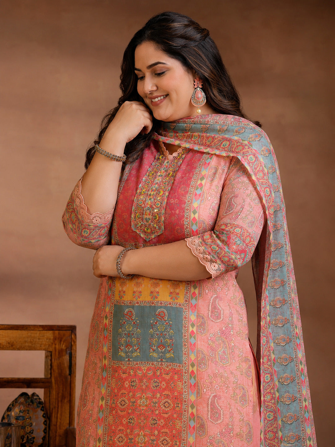 Plus Size Peach Printed Cotton Blend Straight Suit With Dupatta