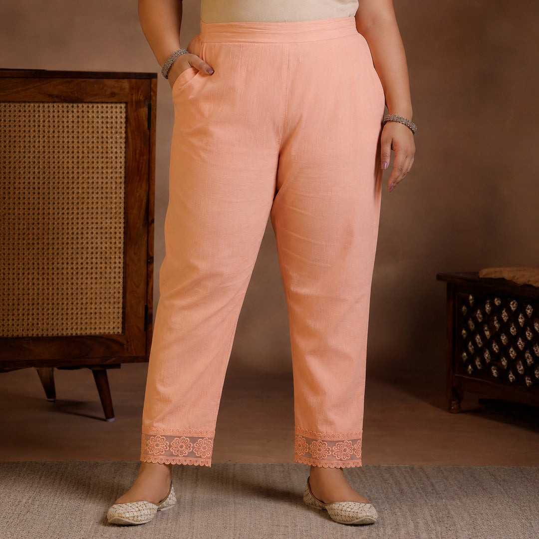 Plus Size Peach Printed Cotton Blend Straight Suit With Dupatta