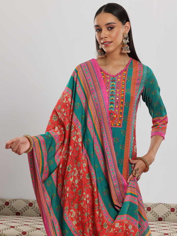 Multi Printed Silk Blend Straight Suit With Dupatta