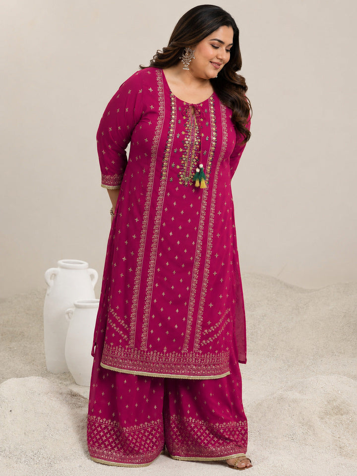 Plus Size Pink Printed Georgette Straight Suit With Dupatta