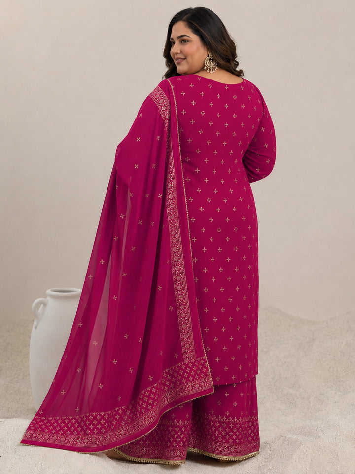 Plus Size Pink Printed Georgette Straight Suit With Dupatta