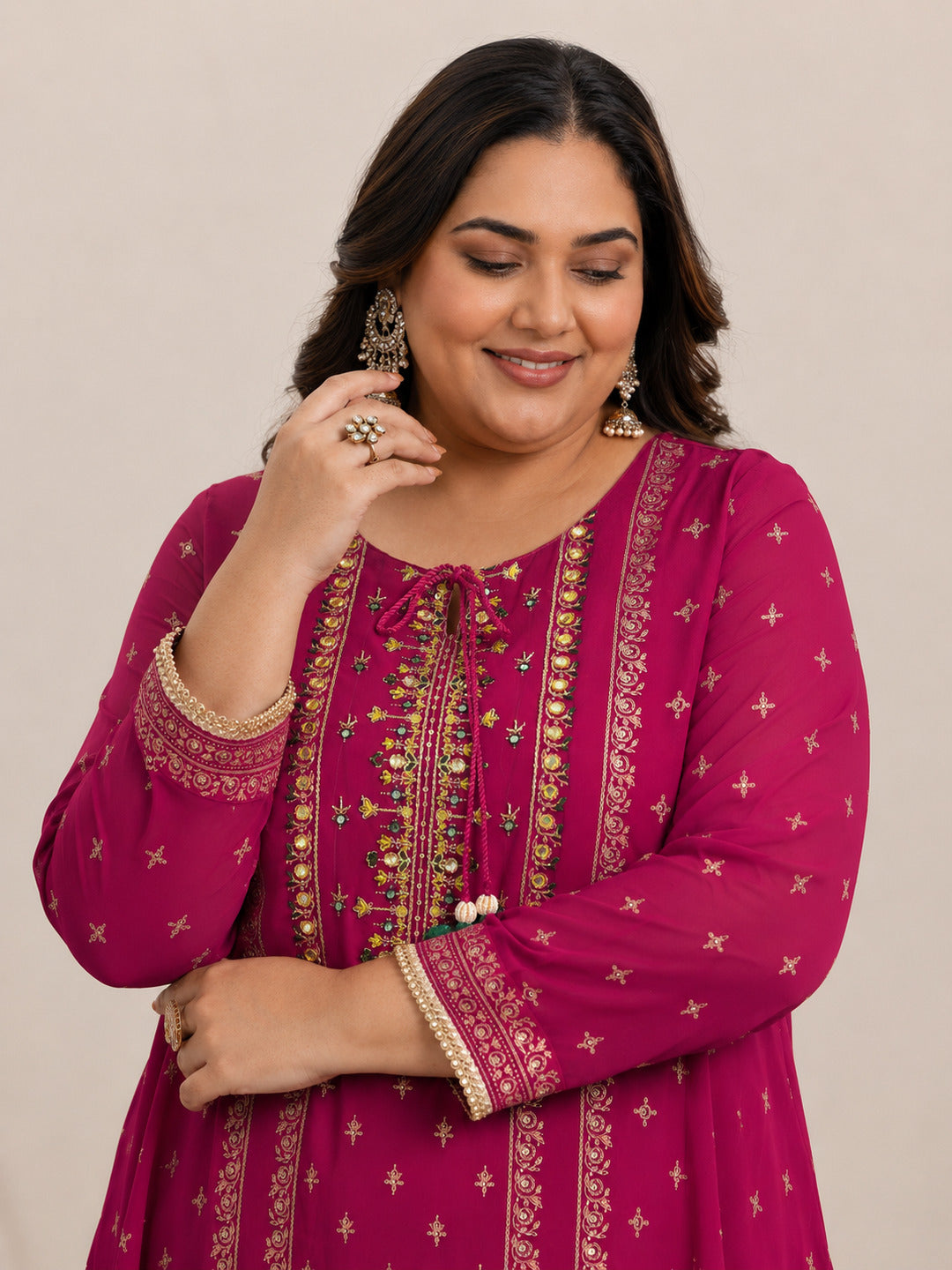 Plus Size Pink Printed Georgette Straight Suit With Dupatta