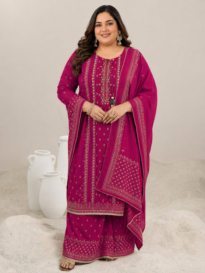Plus Size Pink Printed Georgette Straight Suit With Dupatta