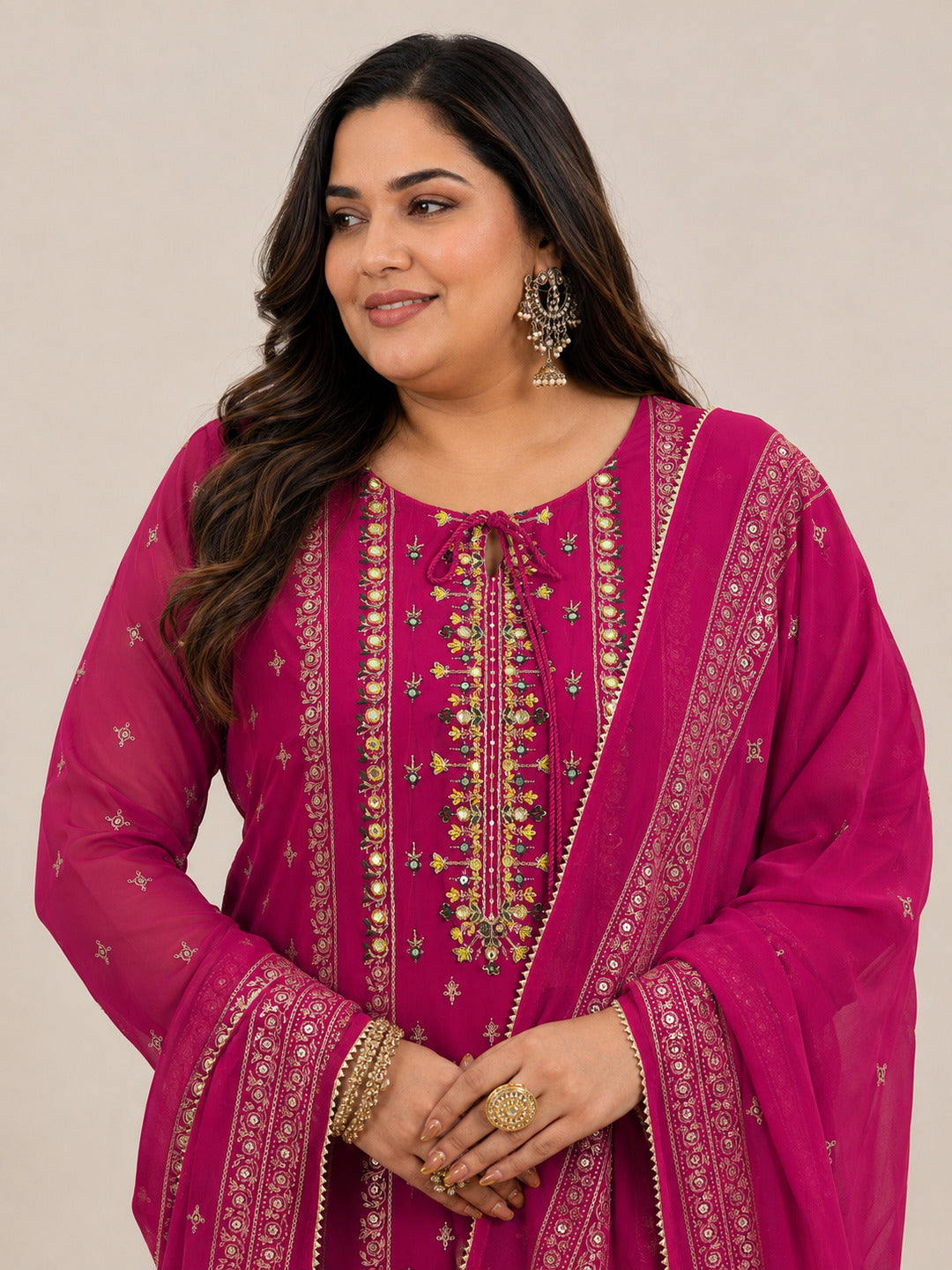 Plus Size Pink Printed Georgette Straight Suit With Dupatta
