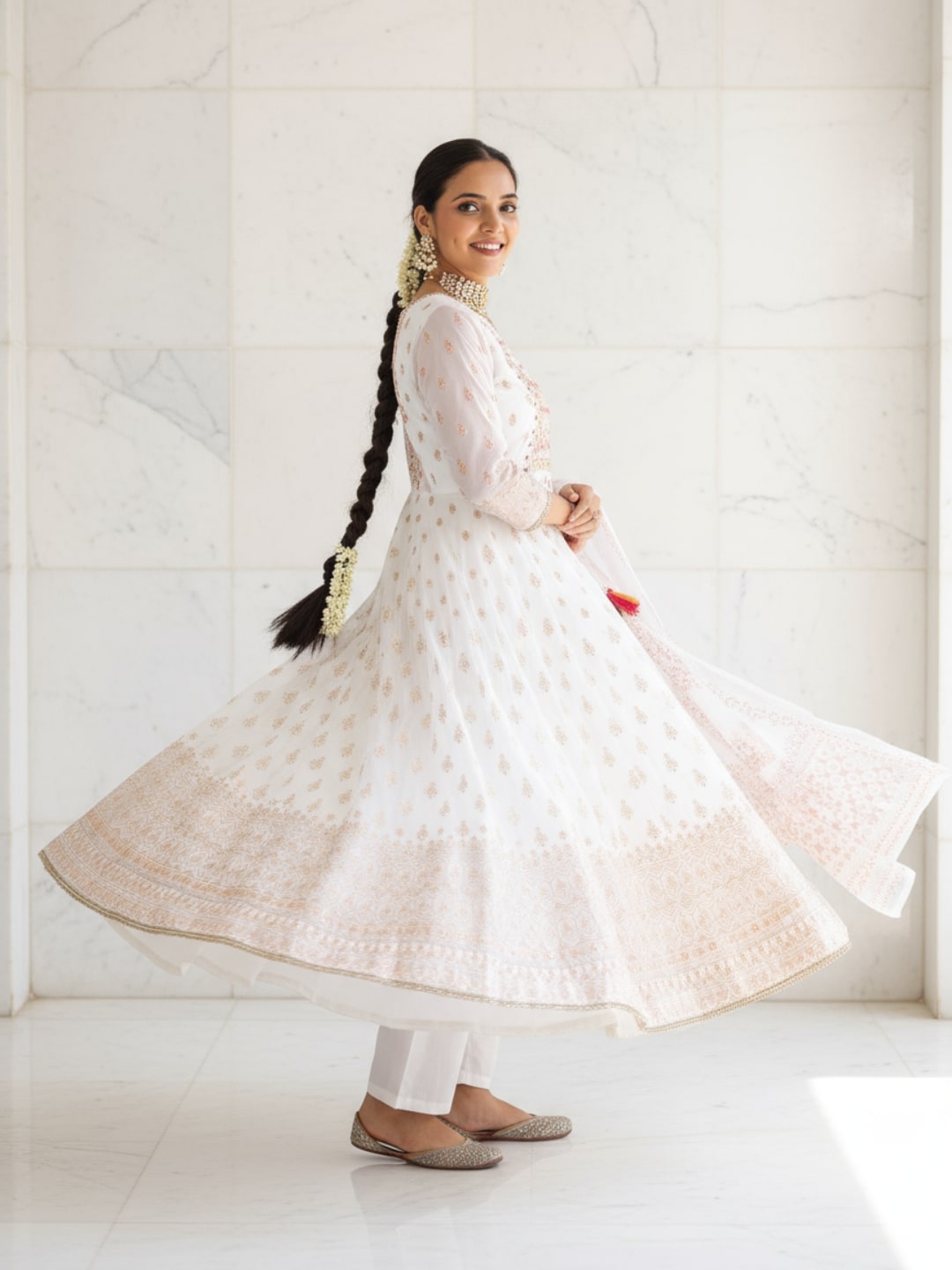 Off White Printed Organza Anarkali Suit With Dupatta
