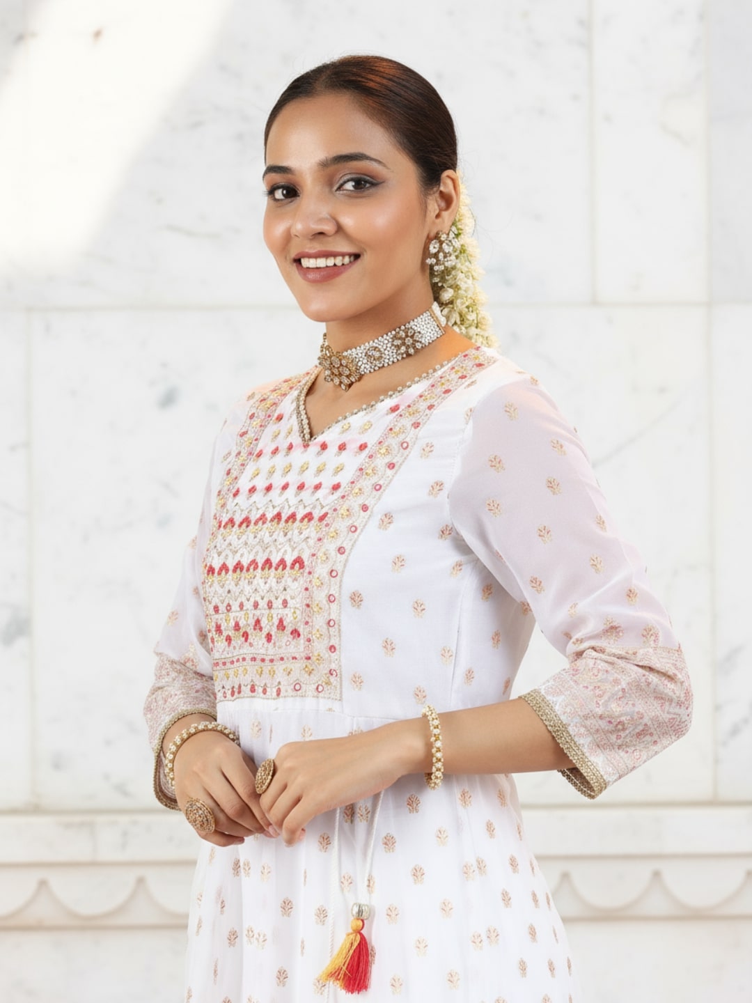 Off White Printed Organza Anarkali Suit With Dupatta