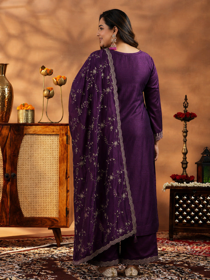 Plus Size Wine Embroidered Silk Blend Straight Suit With Dupatta