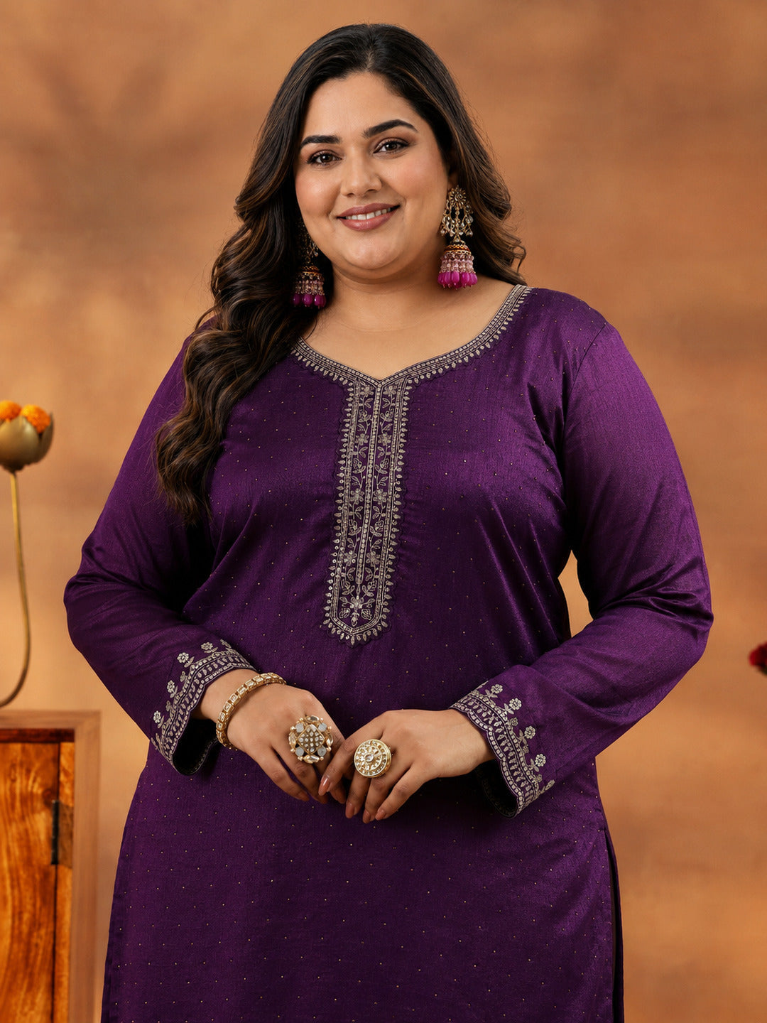 Plus Size Wine Embroidered Silk Blend Straight Suit With Dupatta