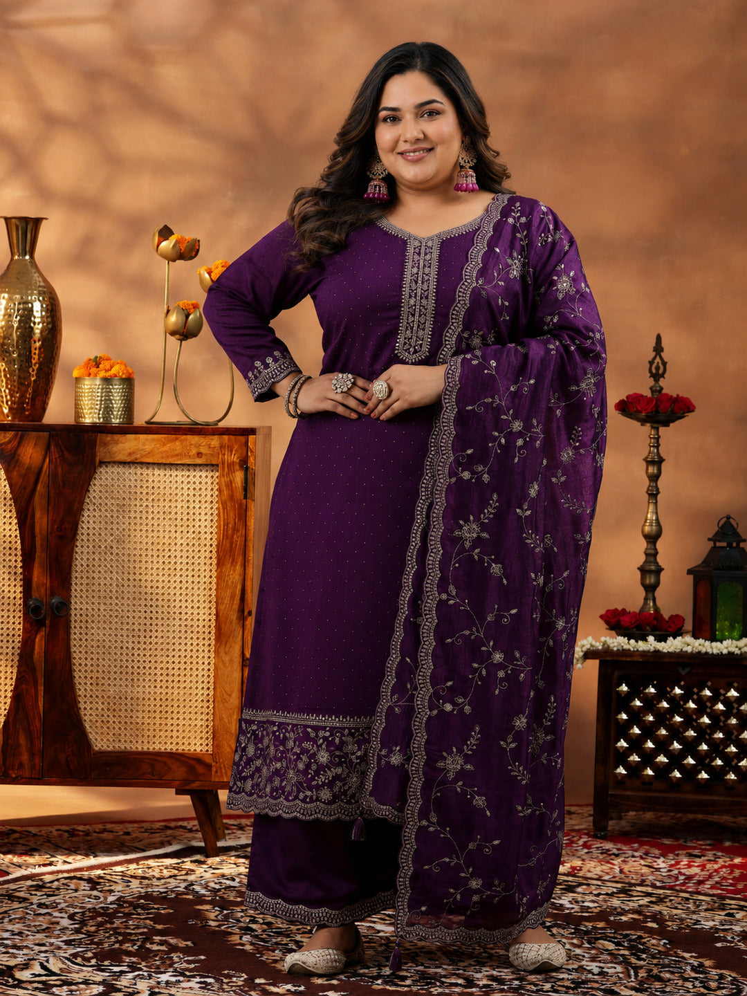 Plus Size Wine Embroidered Silk Blend Straight Suit With Dupatta