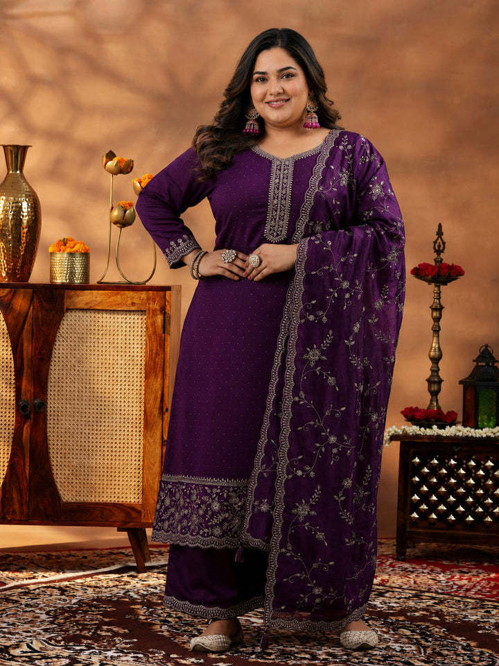 Plus Size Wine Embroidered Silk Blend Straight Suit With Dupatta