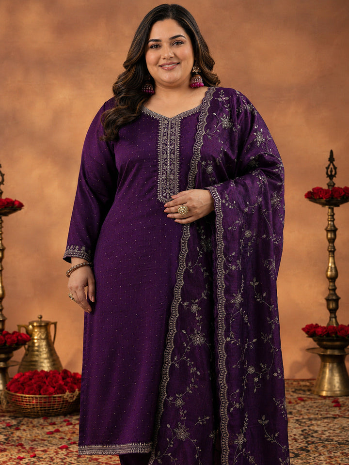 Plus Size Wine Embroidered Silk Blend Straight Suit With Dupatta
