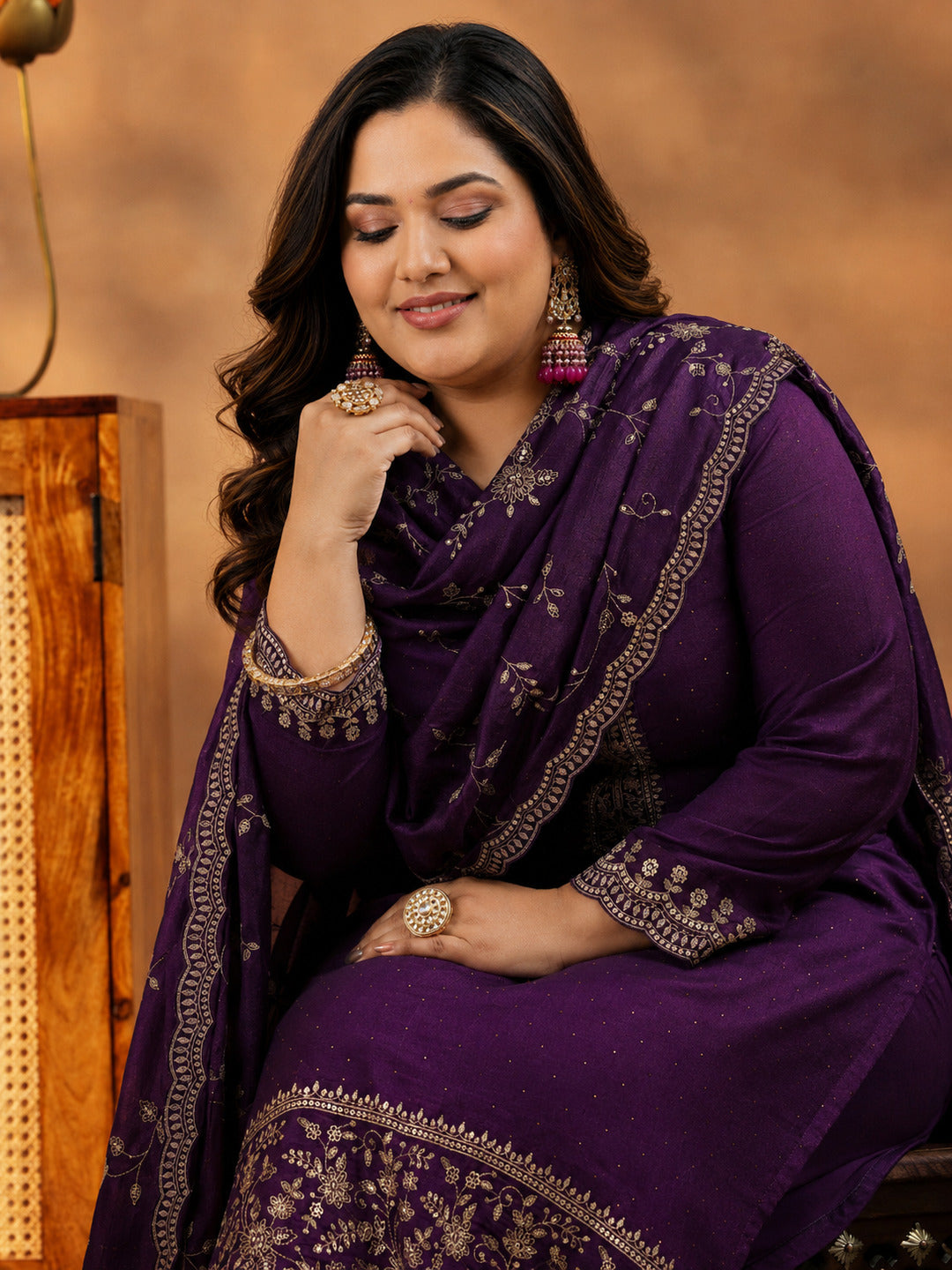 Plus Size Wine Embroidered Silk Blend Straight Suit With Dupatta