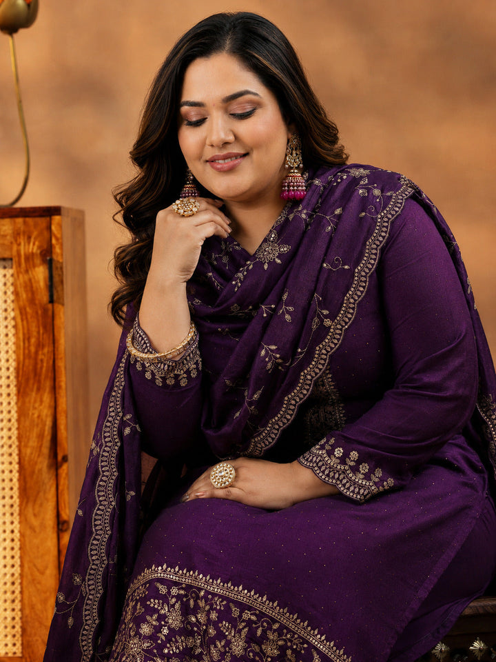 Plus Size Wine Embroidered Silk Blend Straight Suit With Dupatta