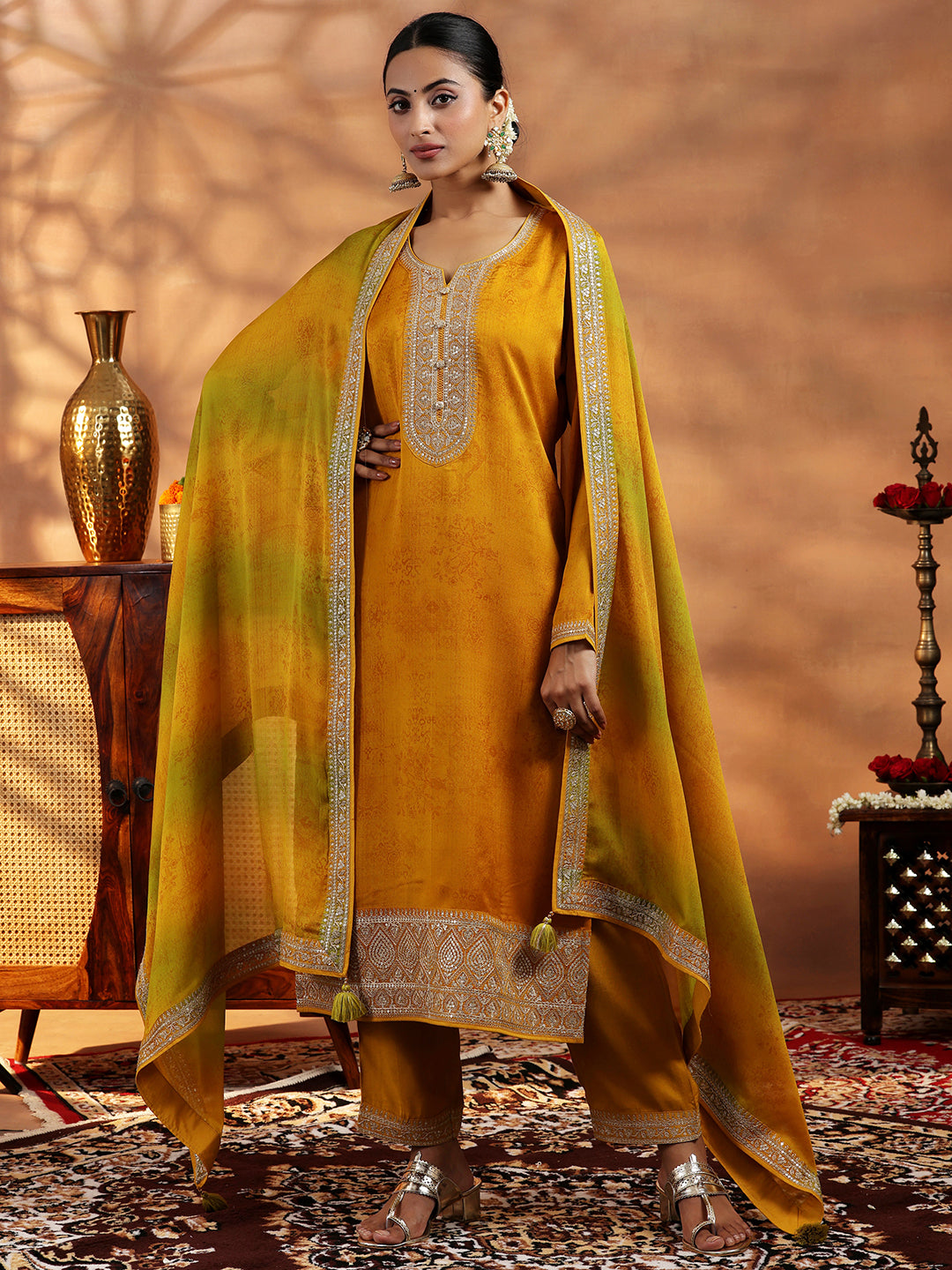 Mustard Embroidered Silk Blend Straight Suit With Dupatta
