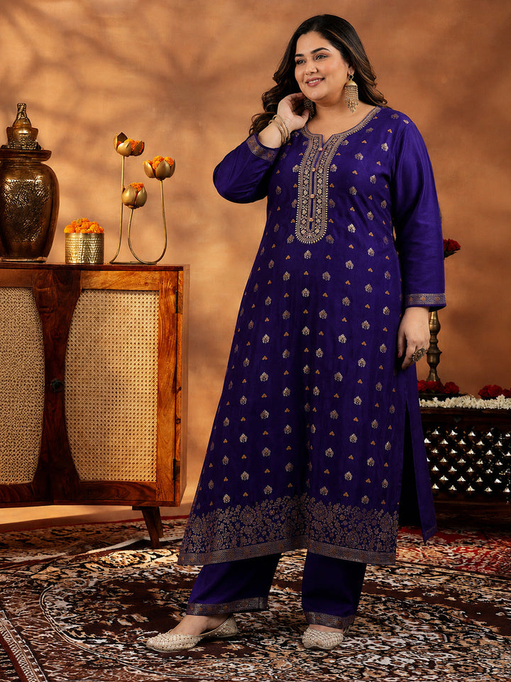 Plus Size Purple Woven Design Silk Blend Straight Suit With Dupatta