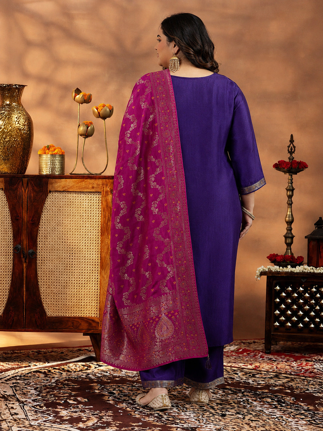 Plus Size Purple Woven Design Silk Blend Straight Suit With Dupatta
