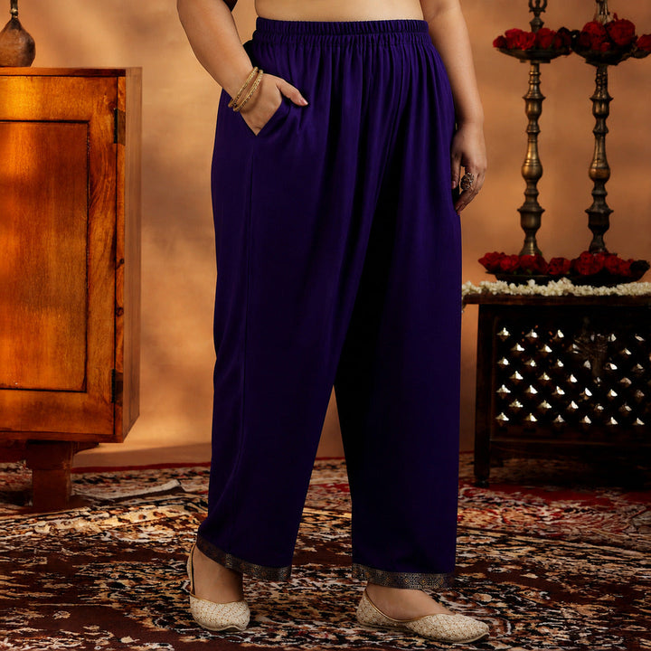 Plus Size Purple Woven Design Silk Blend Straight Suit With Dupatta