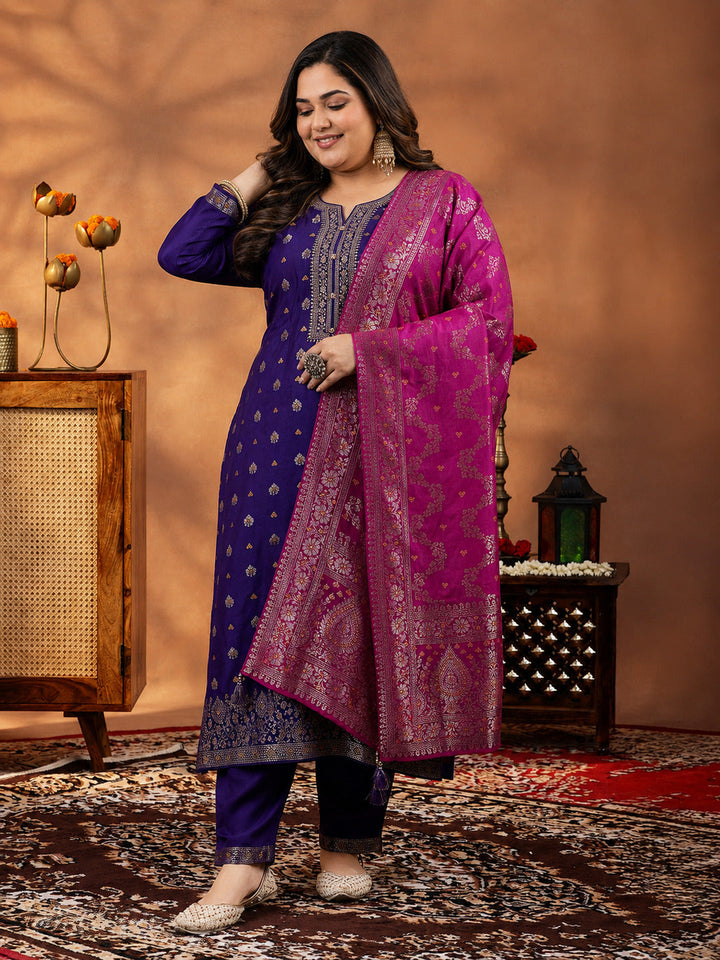 Plus Size Purple Woven Design Silk Blend Straight Suit With Dupatta