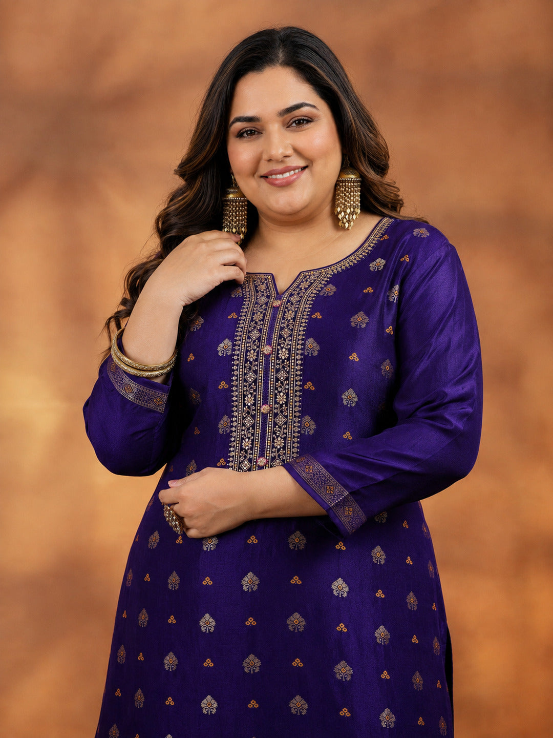 Plus Size Purple Woven Design Silk Blend Straight Suit With Dupatta