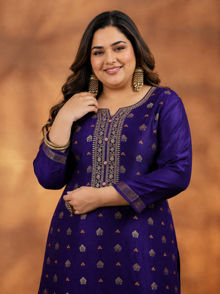 Plus Size Purple Woven Design Silk Blend Straight Suit With Dupatta