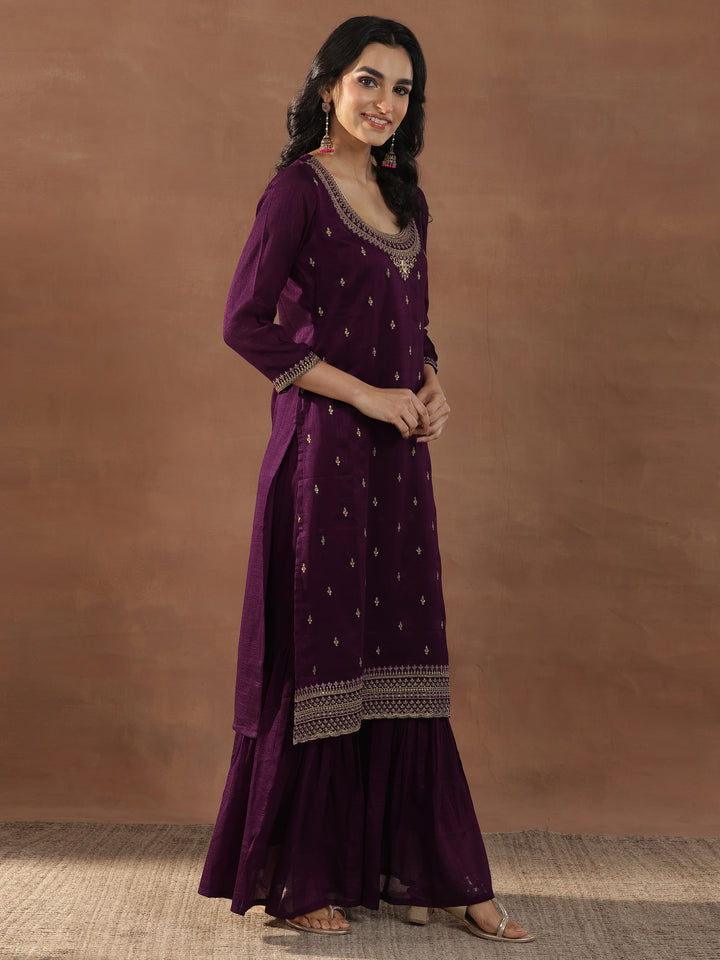 Burgundy Embroidered Silk Blend Straight Suits With Dupatta