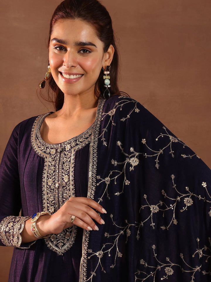 Purple Embroidered Silk Blend Anarkali Suit With Dupatta
