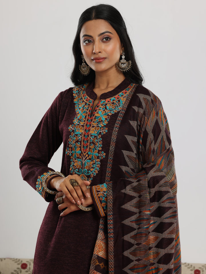Wine Embroidered Wool Blend Straight Suit With Dupatta